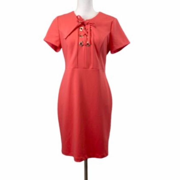 NWOT Vince Camuto 12 Women's Sheath Dress Coral Orange Lace Up Front - Picture 1 of 10
